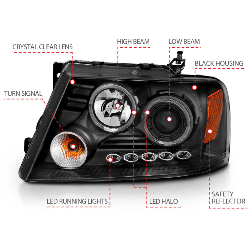 ANZO 2004-2008 Ford F-150 Projector Headlights w/ Halo and LED Black G2 - Burkken Auto Parts