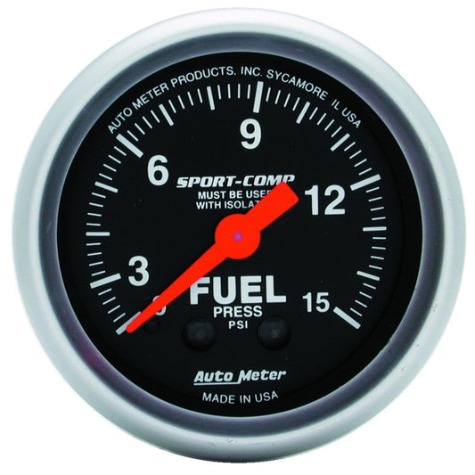 AutoMeter Gauge Fuel Pressure 2-1/16in. 15PSI Mechanical W/Isolator Sport-Comp - Burkken Auto Parts