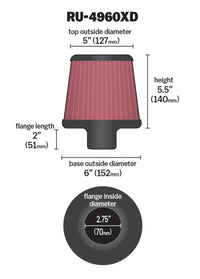 K&N Filter Universal Clamp-On Filter-Round Tapered 2.75in Flange ID x 6in Base OD x 5in Top OD - Burkken Auto Parts