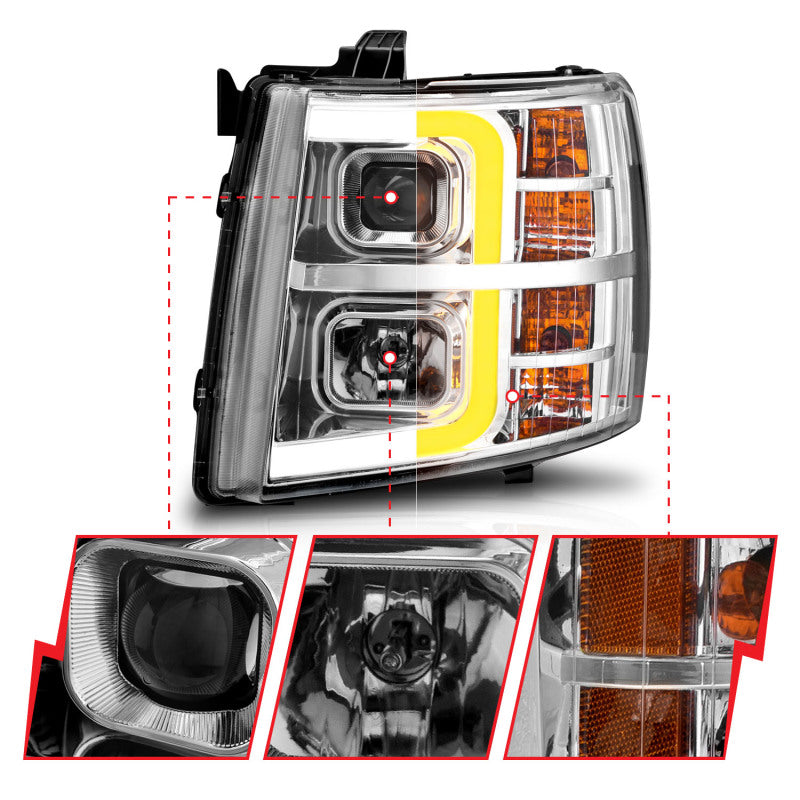ANZO 2007-2013 Chevrolet Silverado 1500 Projector w/ Light Bar Chrome Housing w/ Sequential - Burkken Auto Parts