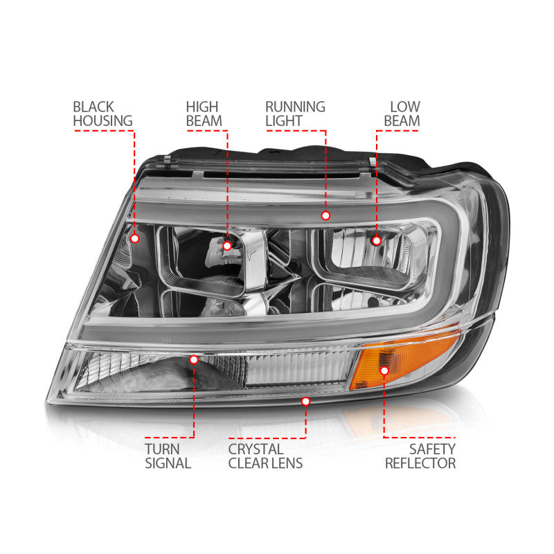 ANZO 1999-2004 Jeep Grand Cherokee Crystal Headlights w/ Light Bar Chrome Housing - Burkken Auto Parts