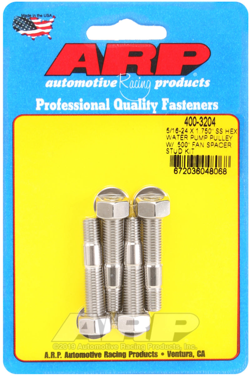 ARP 5/16-24 X 1.750 SS Hex Water Pump Pulley w/ .500in Fan Spacer Stud Kit - Burkken Auto Parts