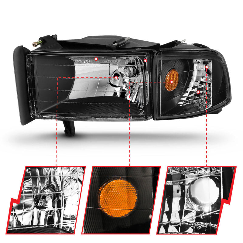 ANZO 1994-2001 Dodge Ram Crystal Headlights Black - Burkken Auto Parts
