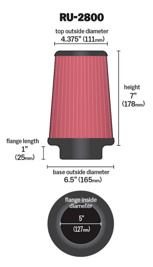 K&N Filter Universal Rubber Filter 5 inch Flange 6 1/2 inch Base 4 3/8 inch Top 7 inch Height - Burkken Auto Parts