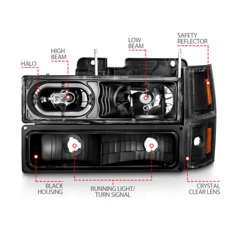 ANZO 88-98 Chevrolet C1500 Crystal Headlights Black Housing w/ Signal and Side Marker Lights - Burkken Auto Parts