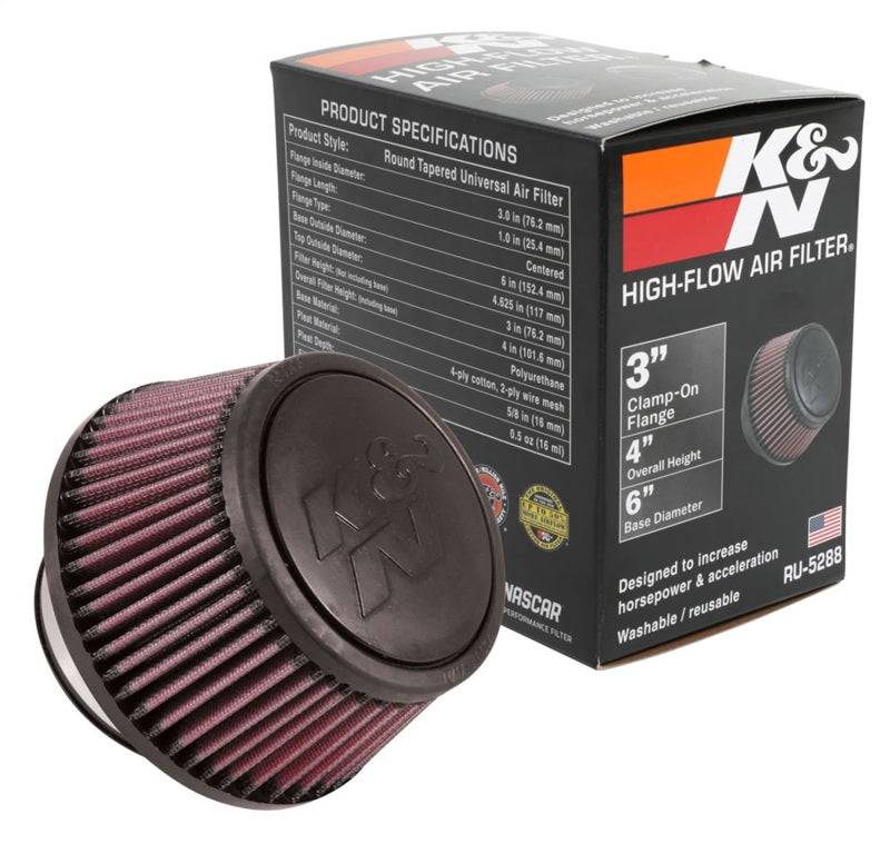 K&N Universal Round Clamp-On Air Filter 3in Flange ID x 6in Base OD x 4.625in Top OD x 3in Height - Burkken Auto Parts