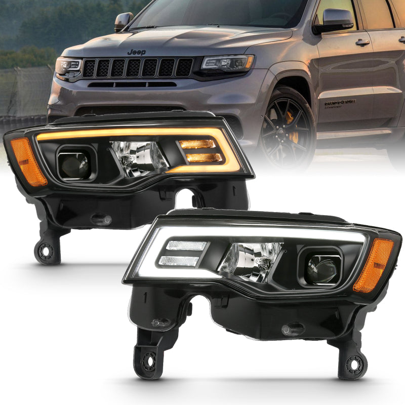 ANZO 2017-2018 Jeep Grand Cherokee Projector Headlights w/ Plank Style Switchback - Black w/ Amber - Burkken Auto Parts
