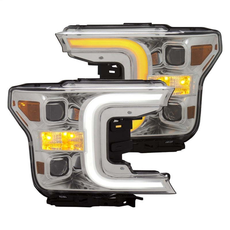ANZO 18-19 Ford F-150 Projector Headlights w/Plank Style Switchback Chrome w/Amber - Burkken Auto Parts