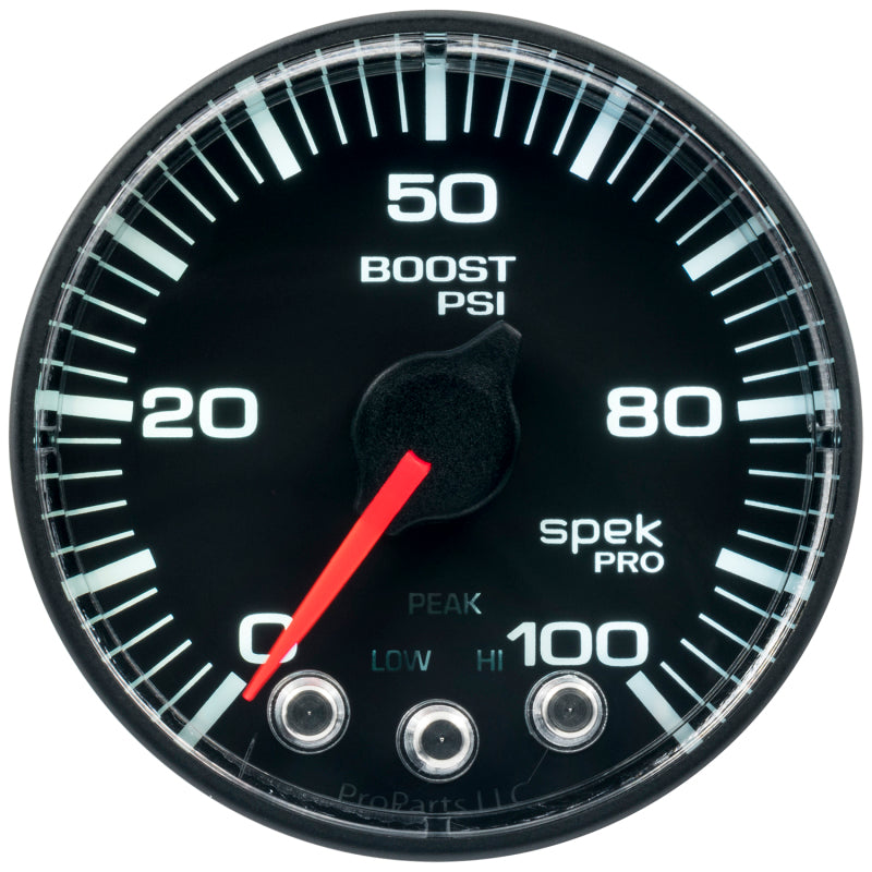 Autometer Spek-Pro Gauge Boost 2 1/16in 100psi Stepper Motor W/Peak & Warn Blk/Blk - Burkken Auto Parts
