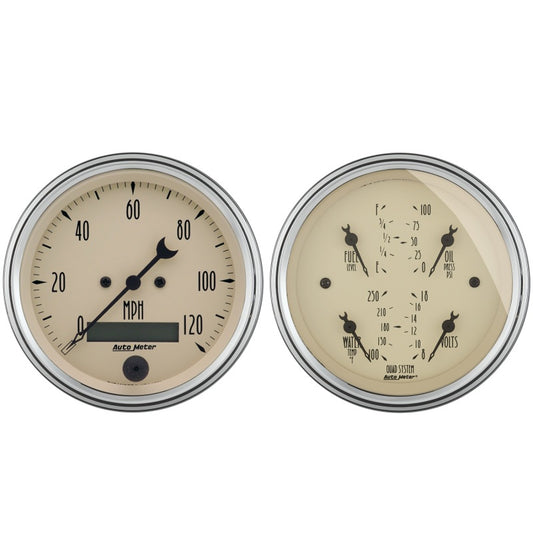 AutoMeter Gauge Kit 2 Pc. Quad & Speedometer 3-3/8in. Antique Beige - Burkken Auto Parts