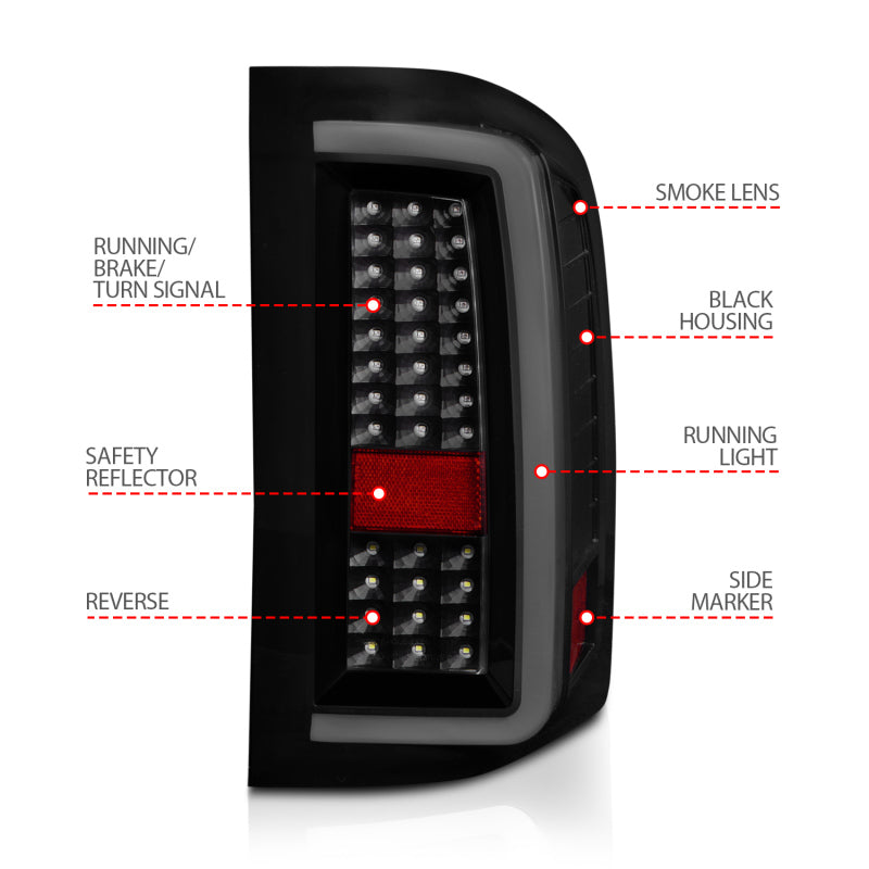 ANZO 2007-2013 Chevrolet Silverado1500/ 2500/ 3500 LED Tail Lights w/ Light Bar Black Housing Smoke - Burkken Auto Parts