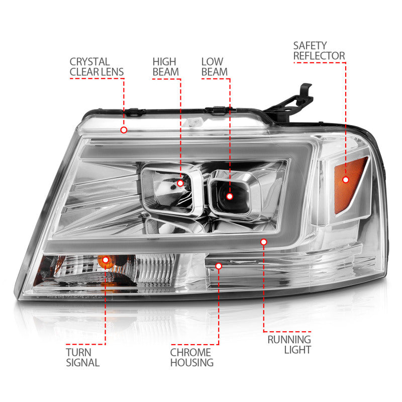 ANZO 2004-2008 Ford  F-150 Projector Headlights w/ Light Bar Chrome Housing - Burkken Auto Parts