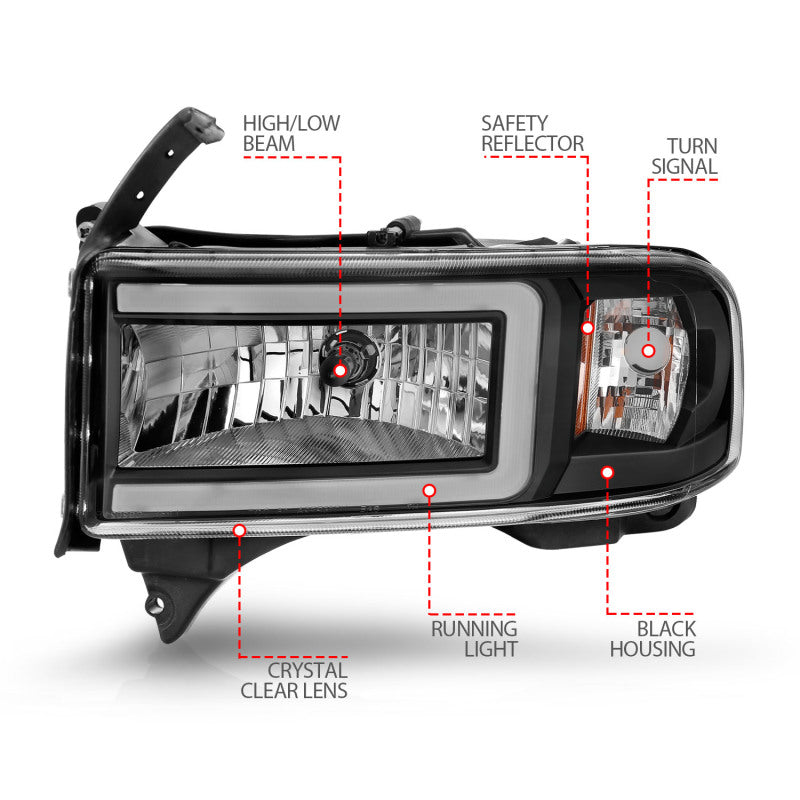 ANZO 94-02 Dodge RAM Crystal Headlight - w/ Light Bar Black Housing - Burkken Auto Parts