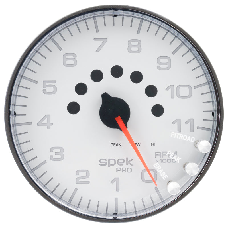 Autometer Spek-Pro Gauge Tachometer 5in 11K Rpm W/Shift Light & Peak Mem White/Black - Burkken Auto Parts