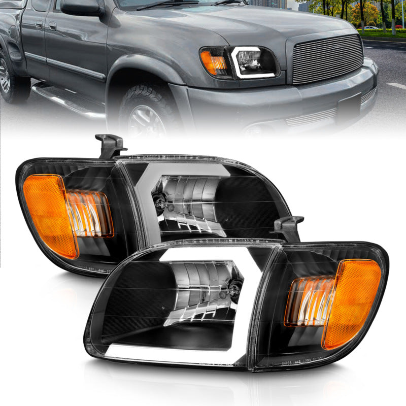 ANZO 00-04 Toyota Tundra (Fits Reg/Acc Cab Only) Crystal Headlights w/Light Bar Black w/Corner Light - Burkken Auto Parts