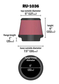 K&N Universal Clamp-On Air Filter 6in FLG / 7-1/2in B / 5in T / 6in H - Burkken Auto Parts