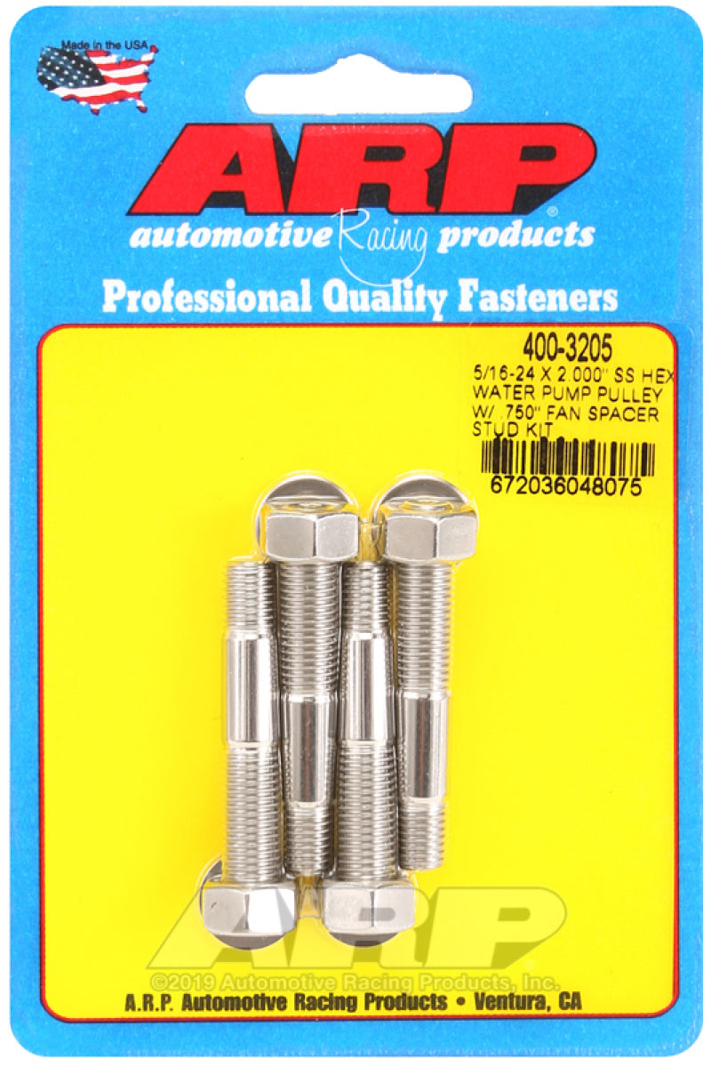 ARP 5/16-24 X 2.000 SS Hex Water Pump Pulley w/ .750in Fan Spacer Stud Kit - Burkken Auto Parts
