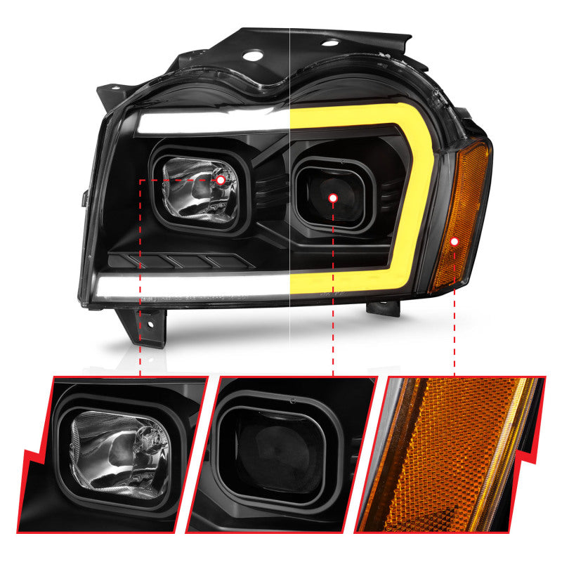 ANZO 2005-2007 Jeep Grand Cherokee Projector Headlights w/ Light Bar Switchback Black Housing - Burkken Auto Parts