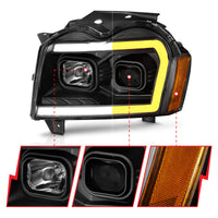 ANZO 2005-2007 Jeep Grand Cherokee Projector Headlights w/ Light Bar Switchback Black Housing - Burkken Auto Parts