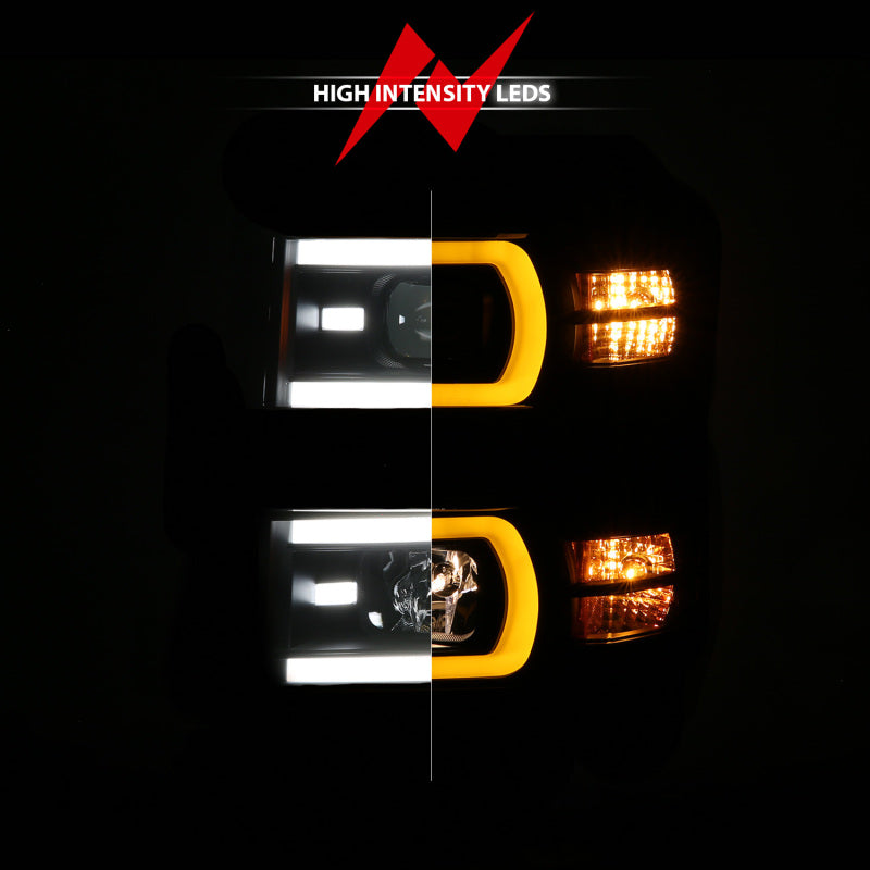 ANZO 14-15 Chevy Silverado 1500 Black Dual Switchback+Sequential LED Tube Sq. Projector Headlights - Burkken Auto Parts