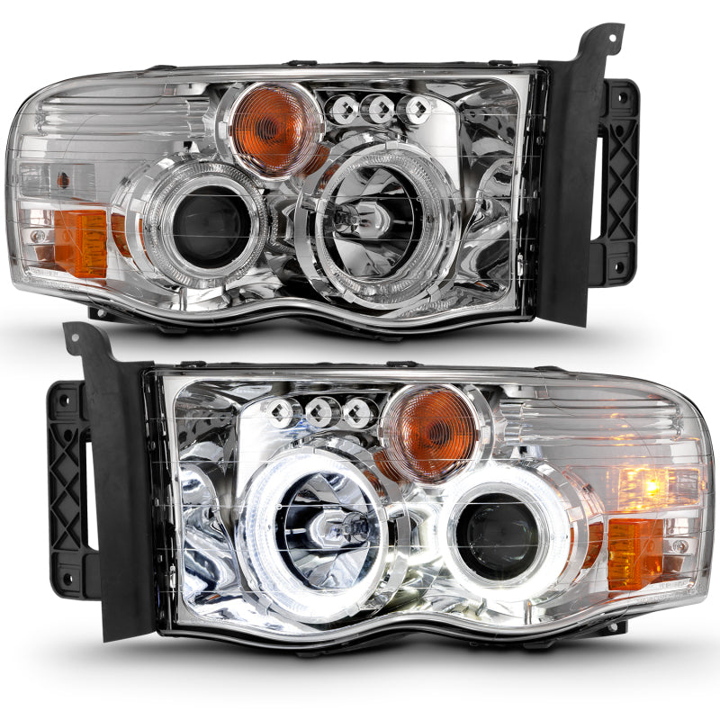 ANZO 2002-2005 Dodge Ram 1500 Projector Headlights w/ Halo Chrome Clear Amber - Burkken Auto Parts