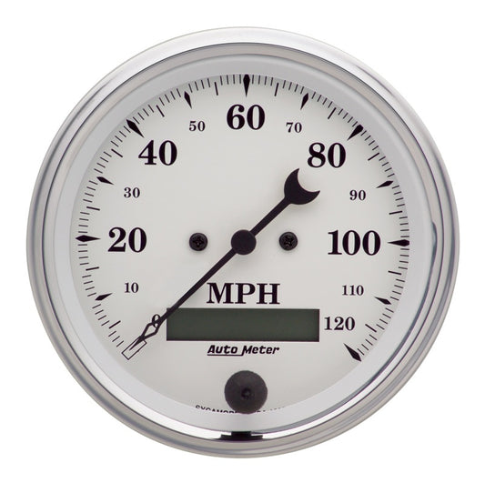AutoMeter Gauge Speedo. 3-3/8in. 120MPH Elec. Prog. W/ Lcd Odo Old Tyme White - Burkken Auto Parts