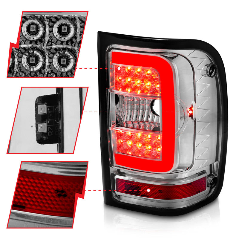 ANZO 2001-2011 Ford  Ranger LED Tail Lights w/ Light Bar Chrome Housing Clear Lens - Burkken Auto Parts