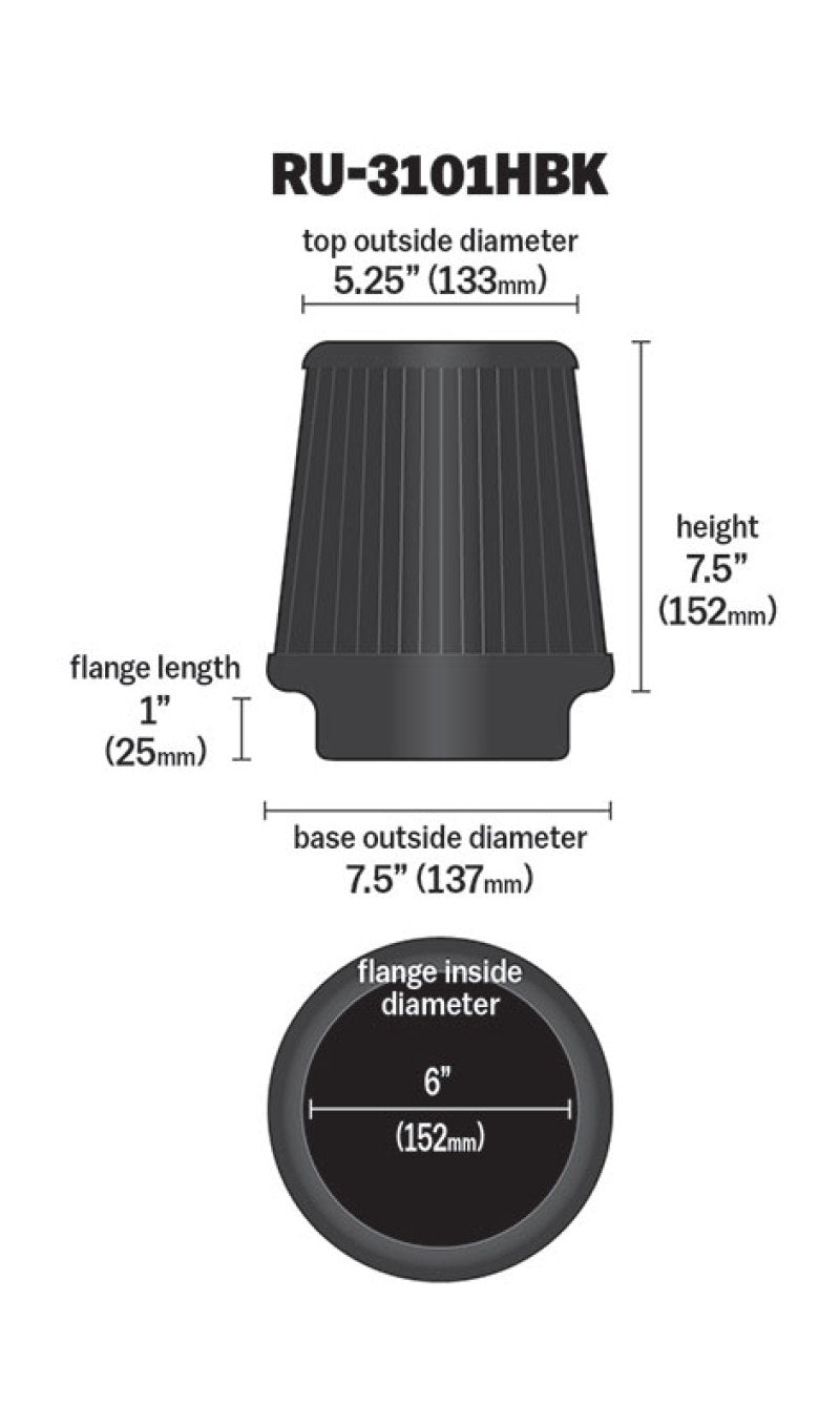 K&N Universal Rubber Filter Round Tapered 6in Flange ID x 7.5in Base OD x 5.25in Top OD x 8in Height - Burkken Auto Parts