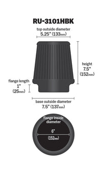 K&N Universal Rubber Filter Round Tapered 6in Flange ID x 7.5in Base OD x 5.25in Top OD x 8in Height - Burkken Auto Parts