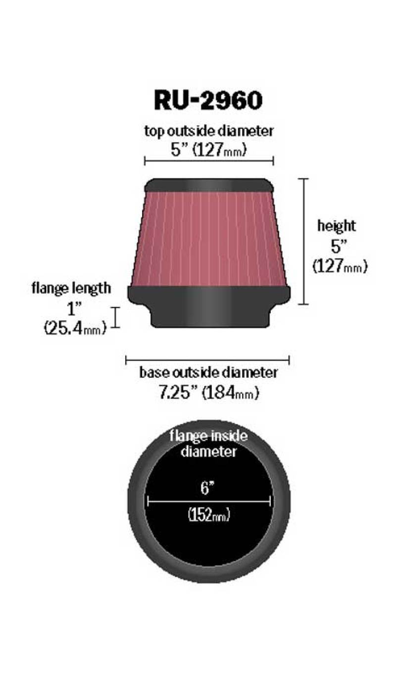 K&N Universal Tapered Filter 6in Flange ID x 7.5in Base OD x 5in Top OD x 5in Height - Burkken Auto Parts