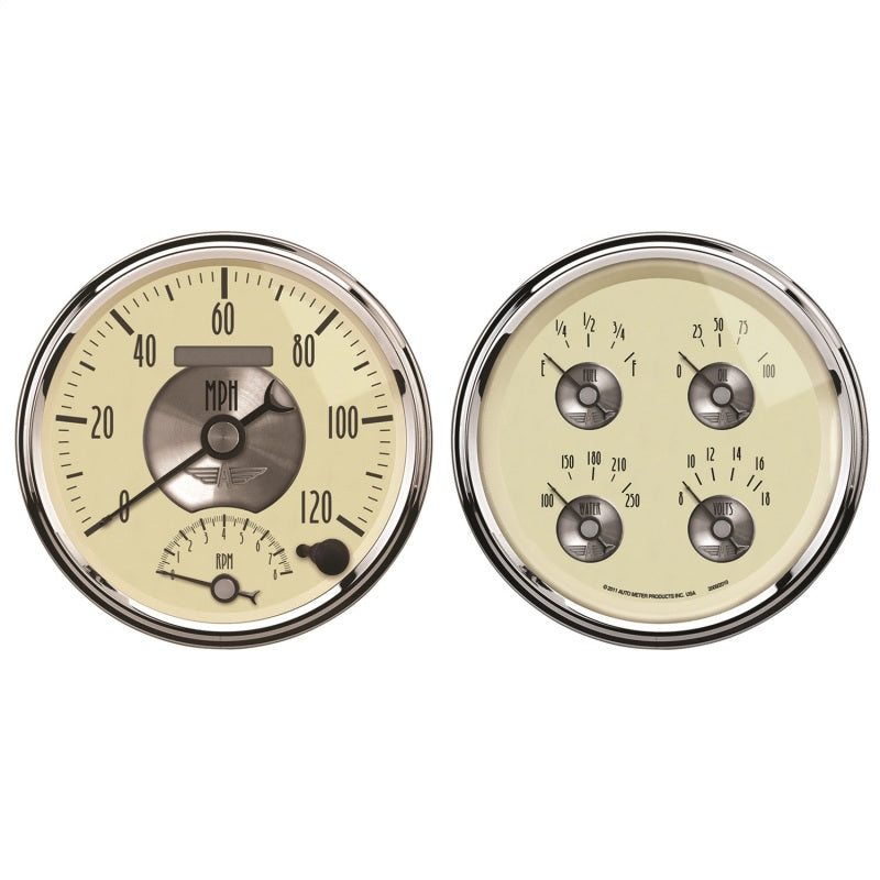 AutoMeter Gauge Kit 2 Pc. Quad & Tach/Speedo 5in. Prestige Antq. Ivory - Burkken Auto Parts