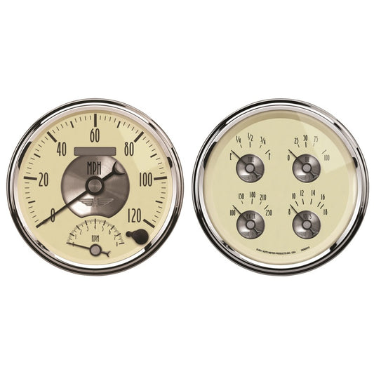 AutoMeter Gauge Kit 2 Pc. Quad & Tach/Speedo 5in. Prestige Antq. Ivory - Burkken Auto Parts