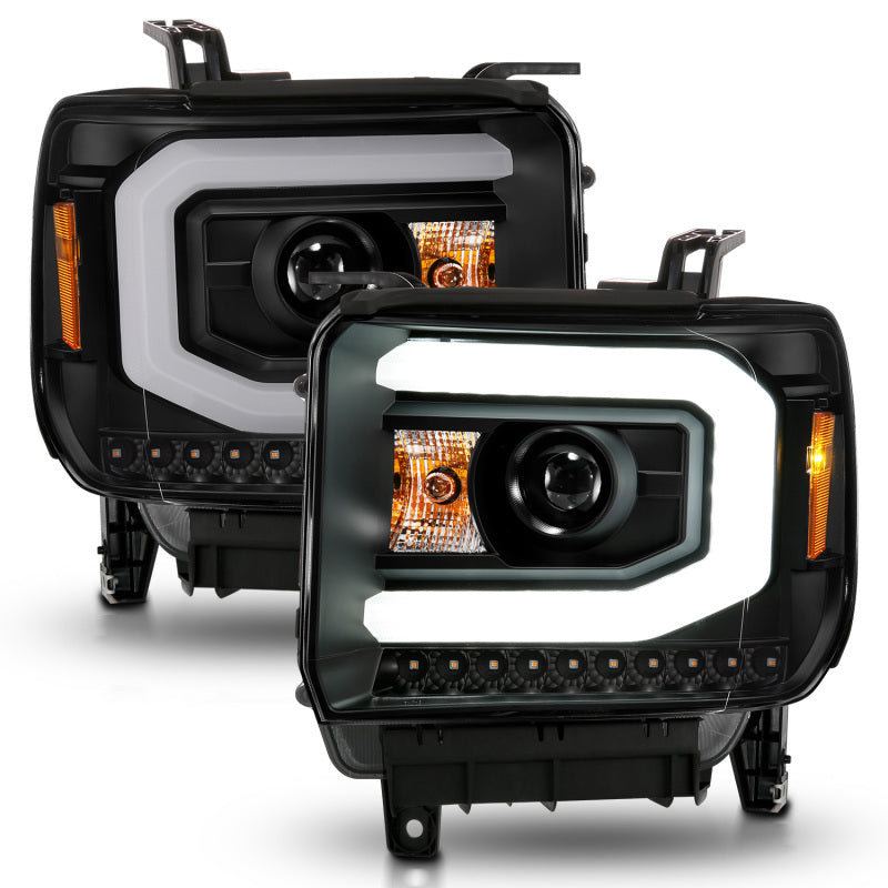 ANZO 2014-2015 GMC Sierra 1500 Projector Headlights w/ Light Bar Black Housing (Halogen Type) - Burkken Auto Parts