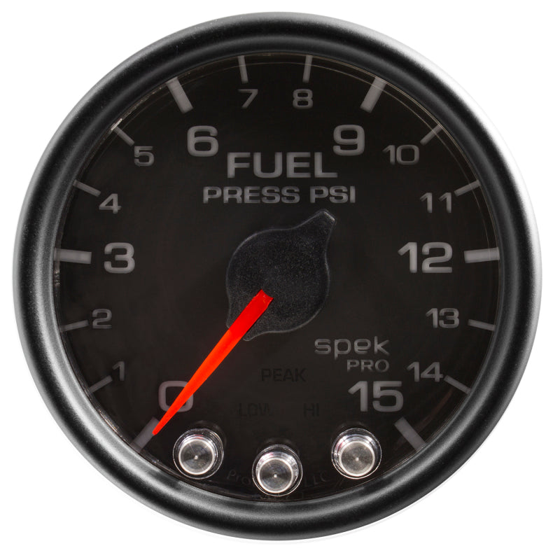 Autometer Spek-Pro Gauge Fuel Press 2 1/16in 15psi Stepper Motor W/Peak & Warn Blk/Blk - Burkken Auto Parts