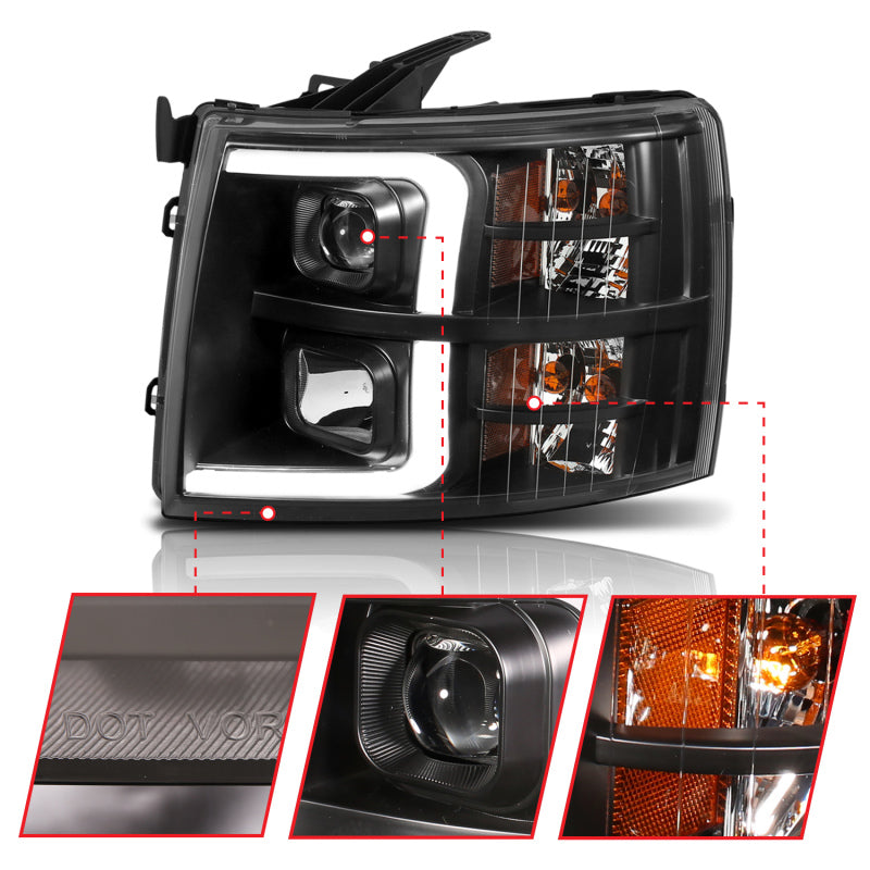 ANZO 07-13 Chevrolet Silverado 1500 Plank Style Projector Headlights Black w/ Amber - Burkken Auto Parts