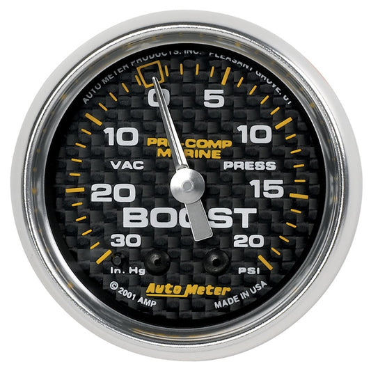 Autometer Marine Carbon Fiber 2-1/16in 30INHG/20PSI Mechanical Vacuum/Boost Gauge - Burkken Auto Parts