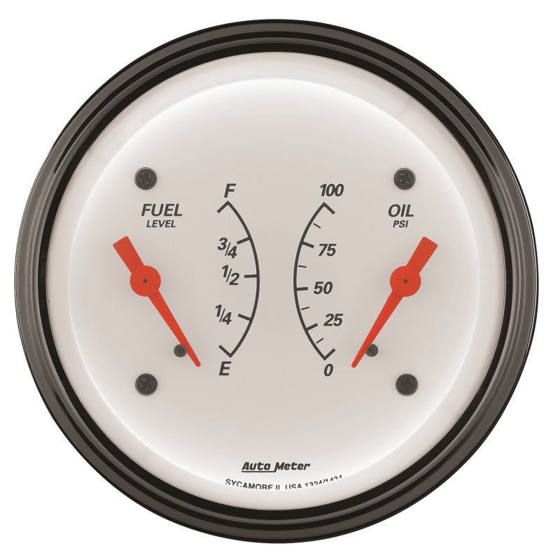 AutoMeter Gauge Dual Fuel & Oilp 3-3/8in. 240 Ohm(e) to 33 Ohm(f) & 100PSI Elec Arctic White - Burkken Auto Parts