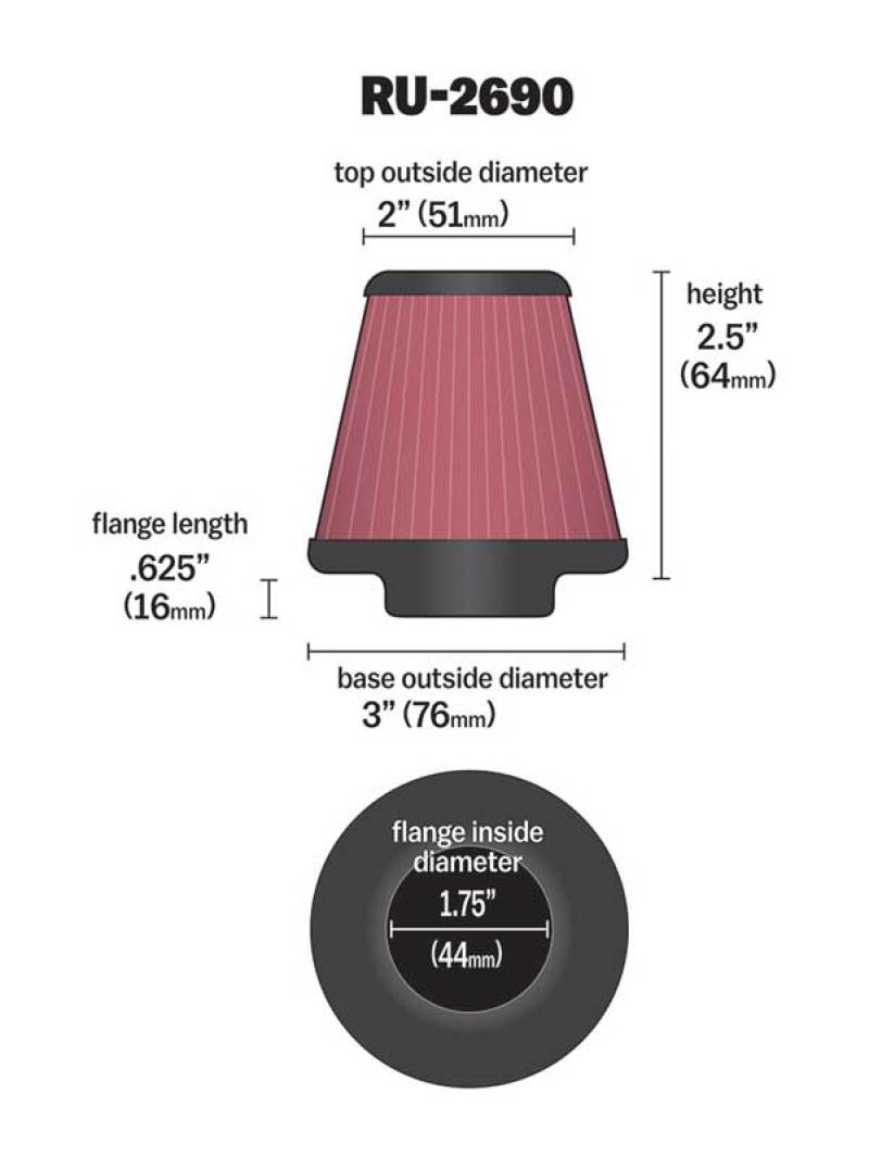 K&N Filter Universal Rubber Filter 1 3/4 inch Flange 3 inch Base 2 inch Top 2.5 inch Height - Burkken Auto Parts