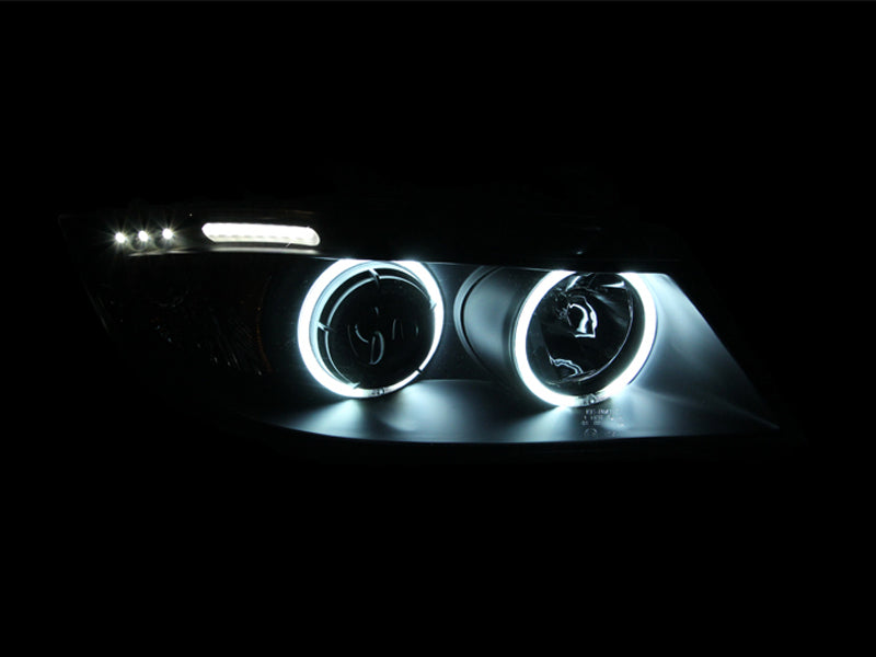 ANZO 2006-2008 BMW 3 Series E90-E91 Projector Headlights w/ Halo w/ LED Bar Black (CCFL) - Burkken Auto Parts