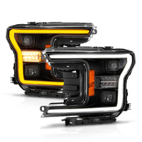 ANZO 18-20 Ford F-150 (w/o Fctry LED) Full LED Proj Headlights w/Light Bar Swtchbk Seq. Black w/Init - Burkken Auto Parts