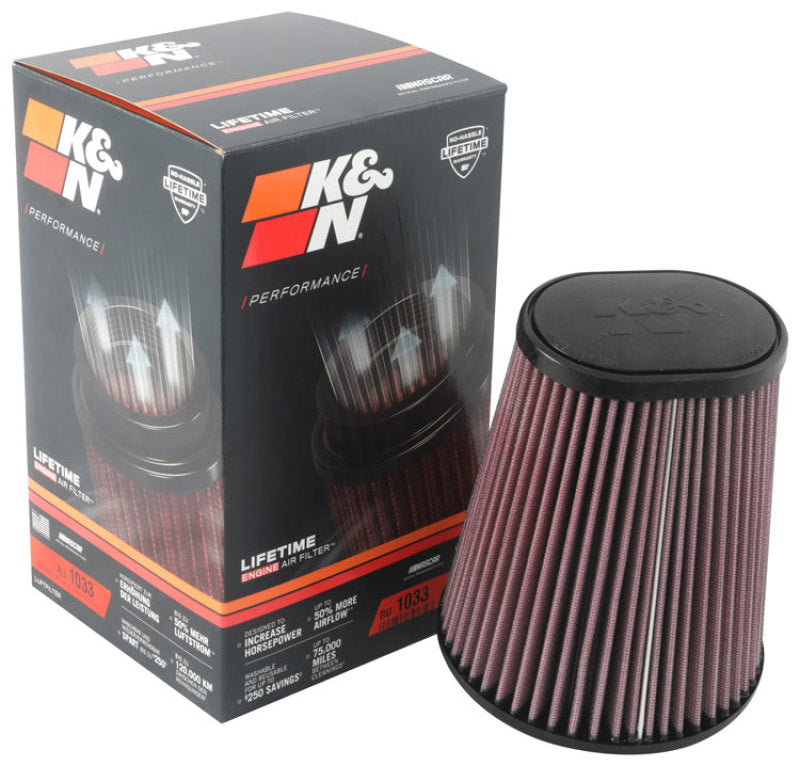 K&N Universal Clamp-On Air Filter 3-1/2in 10 Degree Flange 5-3/4in B 4-1/2in x 3-1/4in T 7in H - Burkken Auto Parts