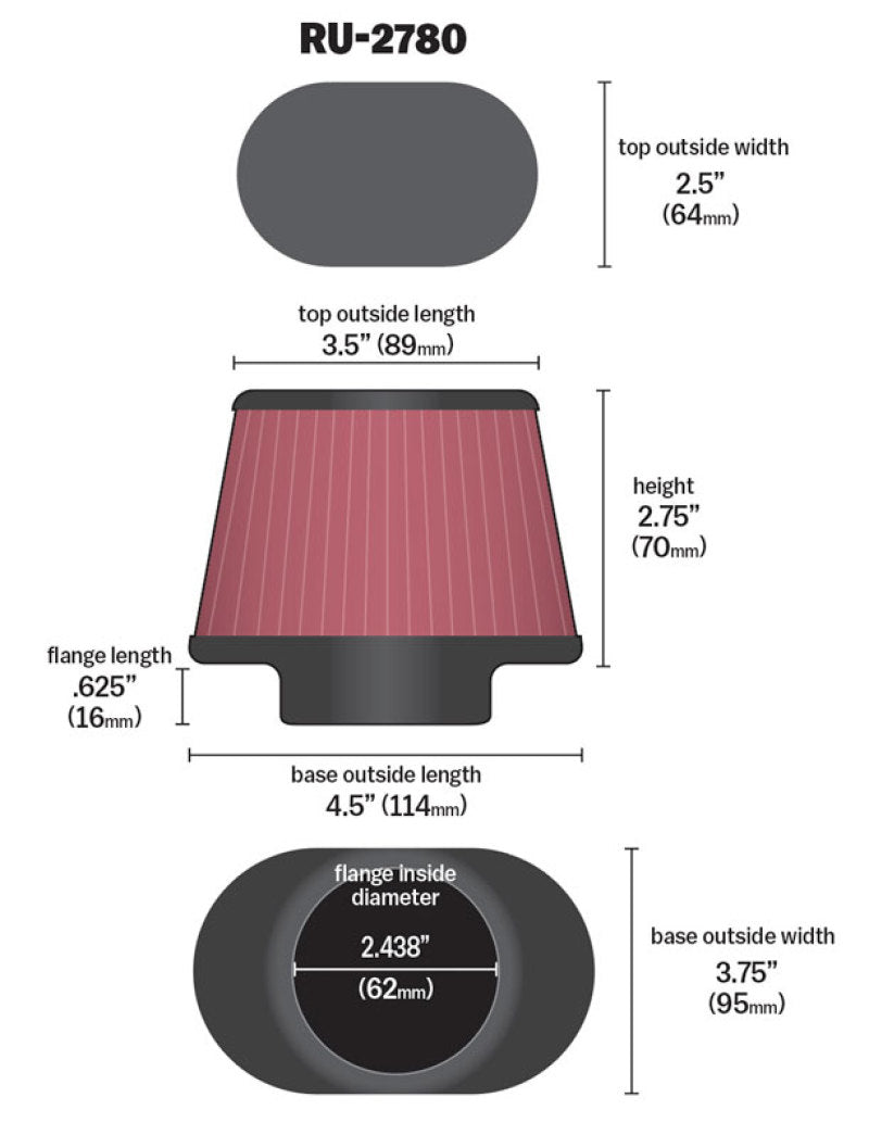 K&N Filter Universal Rubber Filter 2 7/16 inch Flange 4.5x3.75 inch Base 3.5x2.5 inch Top 2.75 inch - Burkken Auto Parts