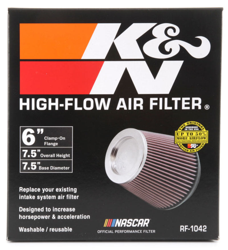 K&N Round Tapered Universal Air Filter 6in Flange ID x 7.5in Base OD x 5in Top OD x 6.5in Height - Burkken Auto Parts