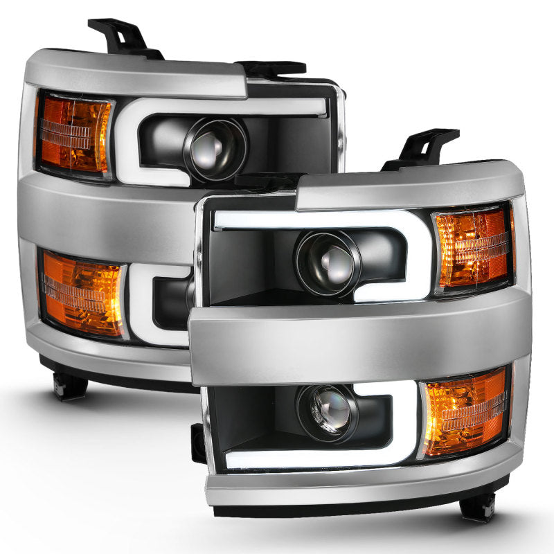 ANZO 2015-2016 Chevrolet Silverado Projector Headlights w/ Plank Style Design Black w/ Amber - Burkken Auto Parts