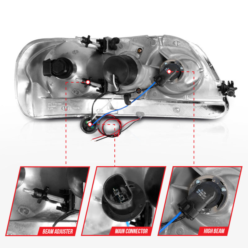 ANZO 1997-2003 Ford F-150 Projector Headlights w/ Light Bar Black Housing - Burkken Auto Parts
