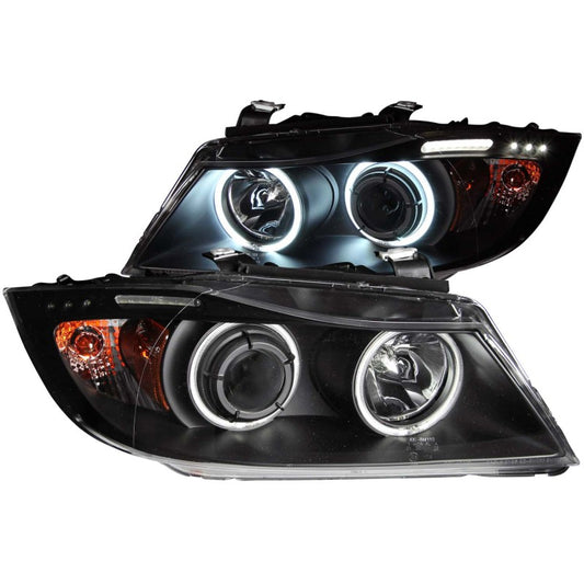 ANZO 2006-2008 BMW 3 Series E90-E91 Projector Headlights w/ Halo w/ LED Bar Black (CCFL) - Burkken Auto Parts