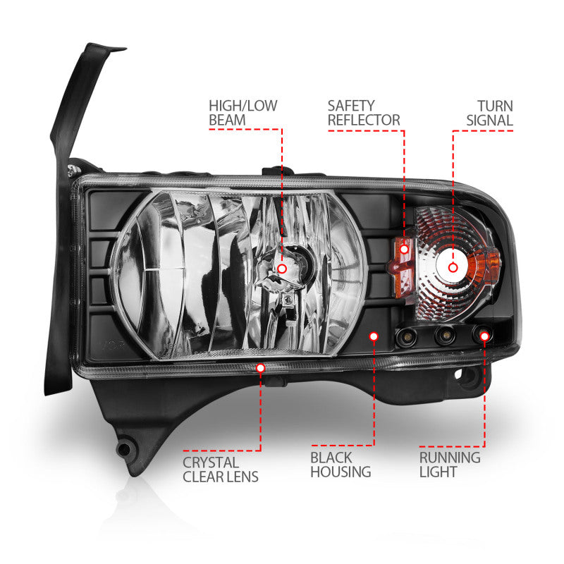 ANZO 1994-2001 Dodge Ram Crystal Headlights Black w/ LED - Burkken Auto Parts