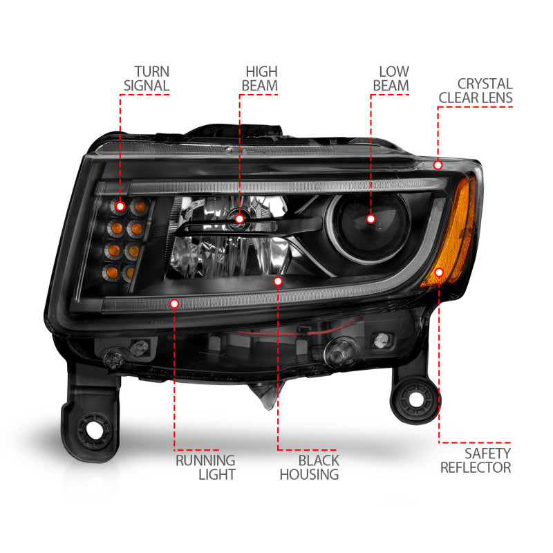 ANZO 2014-2015 Jeep Grand Cherokee Projector Headlights w/ Plank Style Design Black - Burkken Auto Parts