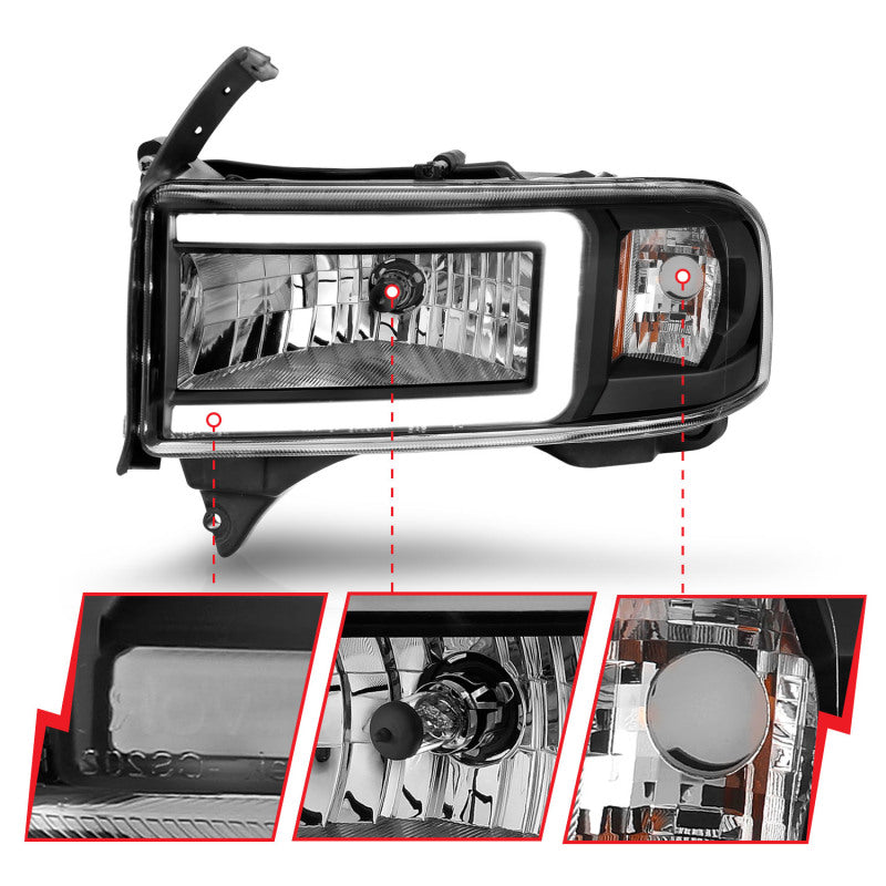 ANZO 94-02 Dodge RAM Crystal Headlight - w/ Light Bar Black Housing - Burkken Auto Parts