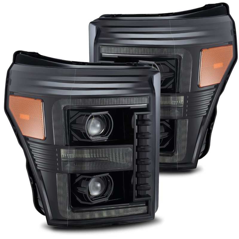 AlphaRex 11-16 Ford F-250 SD PRO-Series Projector Headlights Plank Style Alpha Black w/Seq Signal - Burkken Auto Parts